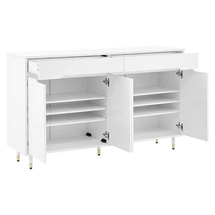 SONNENH Schuhschrank - Weiß/Gold - Weißes Sideboard mit zwei Schubladen (eine offen) und vier Türen (zwei offen) mit Regalböden und goldfarbenen Beinen.