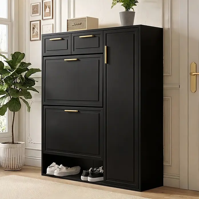 SONNENH Schuhschrank - Schwarz - Schwarzer Schuhschrank für den Eingangsbereich mit goldenen Griffen, Schubladen, Kippfächern und einem Seitenschrank.