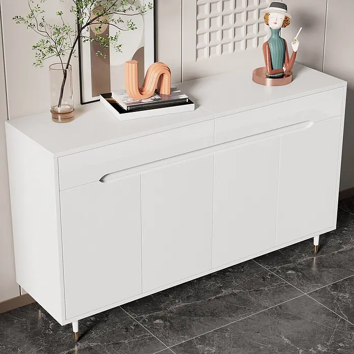 SONNENH Schuhschrank - Weiß/Gold - Weißes, glänzendes Sideboard mit integrierten Griffen und goldspitzigen Beinen.