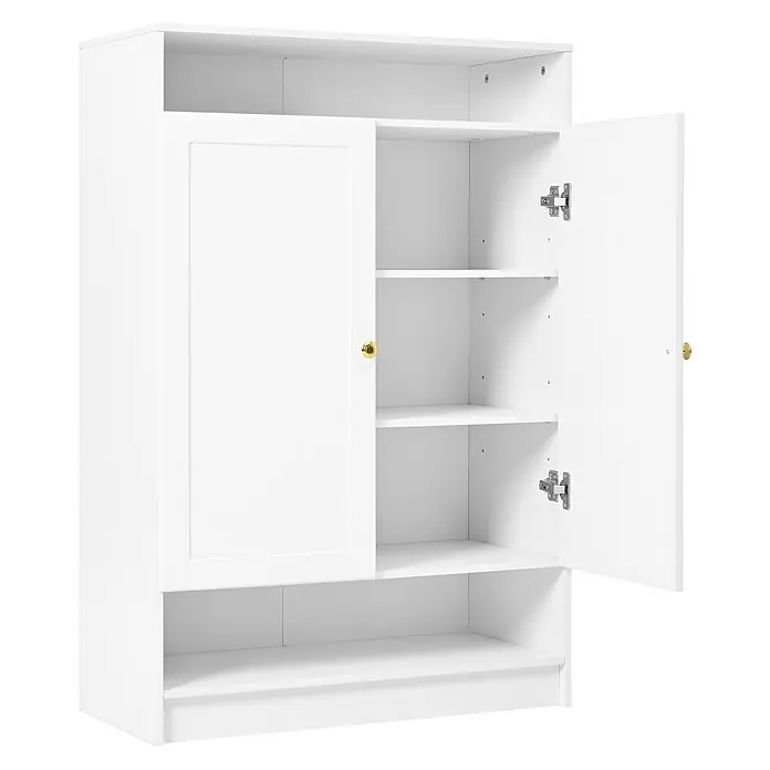 SONNENH Schuhschrank - Weiß - Weißer Schrank mit zwei Türen, goldenen Knäufen und offenen Regalen.