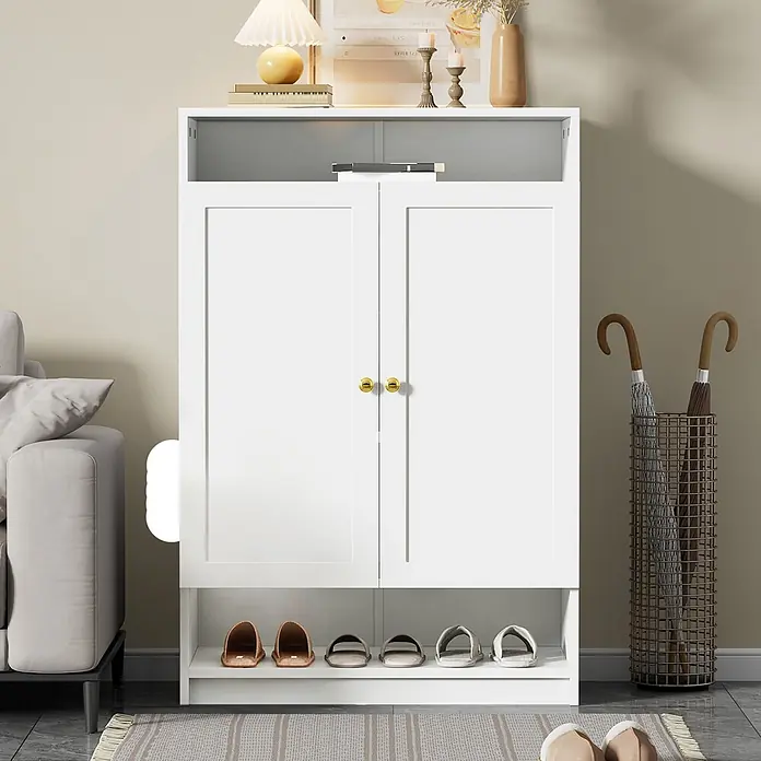 SONNENH Schuhschrank - Weiß - Weißer Holzschuhschrank mit zwei Türen und offenen Regalen, ideal für die Aufbewahrung im Flur.