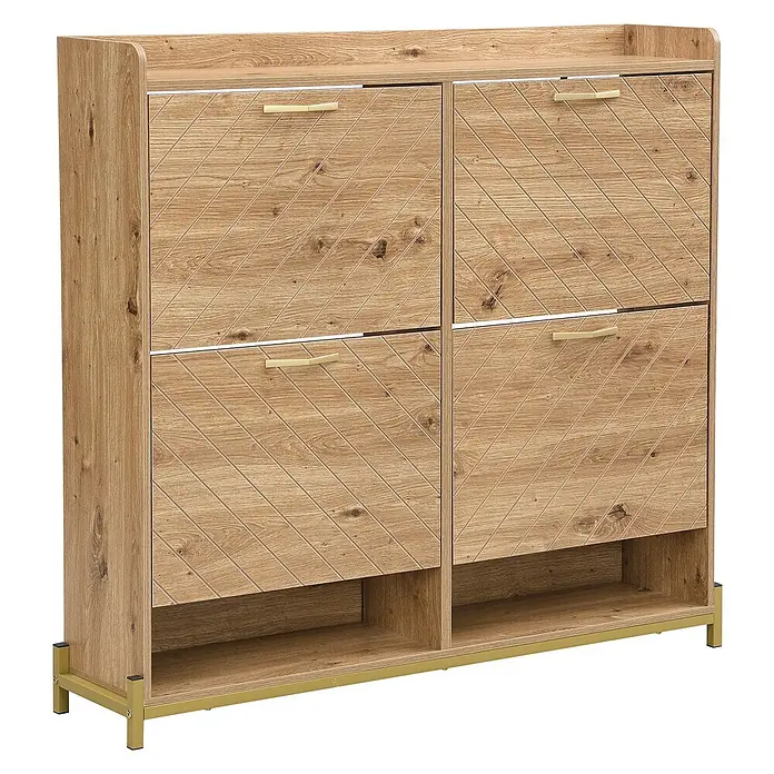 SONNENH Schuhschrank mit vier Klappfächern, Holzoptik -  - Helles Holz-Schuhschrank mit Goldgriffen und -beinen, vier Kippfächern und einem offenen Bodenregal.