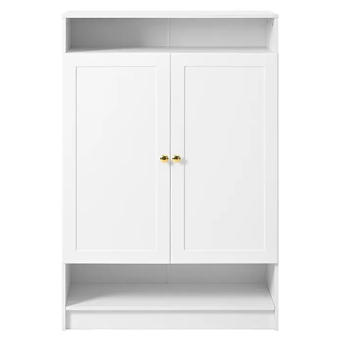 SONNENH Schuhschrank - Weiß - Weißer Schrank mit zwei Türen, goldenen Griffen und offenen Fächern oben und unten zur Aufbewahrung.