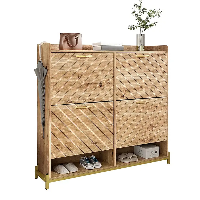 SONNENH Schuhschrank mit vier Klappfächern, Holzoptik -  - Holzschuhschrank mit Chevron-Muster, Messinggriffen, Schirmhalter und offenen Schuhregalen.