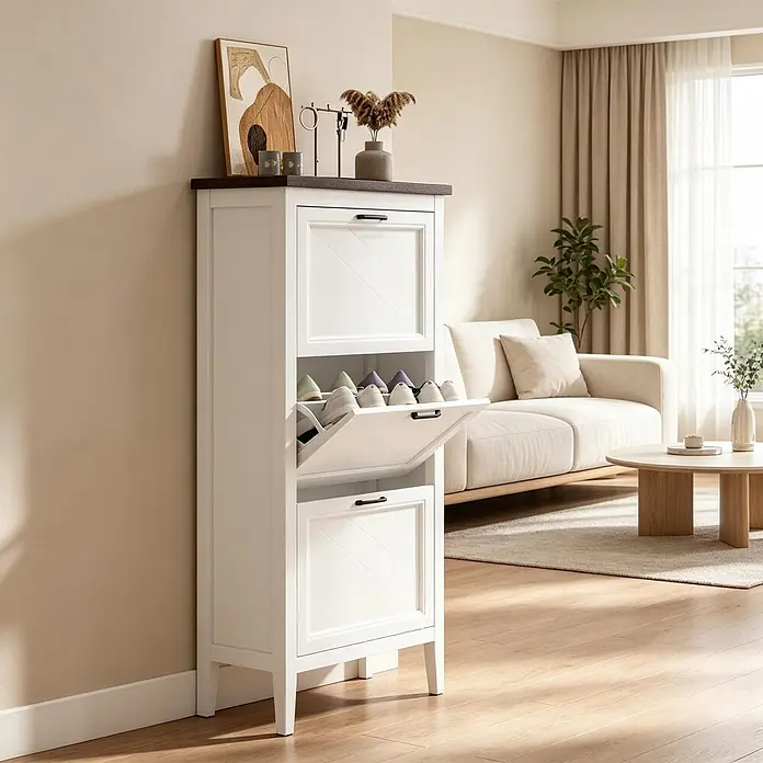 SONNENH Schuhschrank - Weiß/Braun - Weißer Schuhschrank mit dunkler Platte, ein Kippfach mit Schuhen offen, in einem modernen Wohnzimmer.