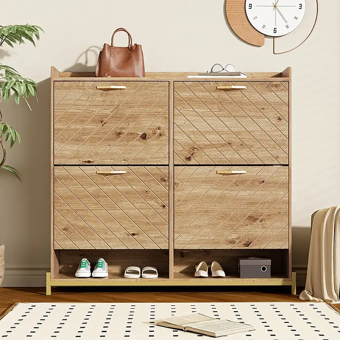 SONNENH Schuhschrank mit vier Klappfächern, Holzoptik -  - Hölzerner Schuhschrank mit diagonal gemusterten Kipptüren und goldenen Griffen, für Schuhe und Flurartikel.