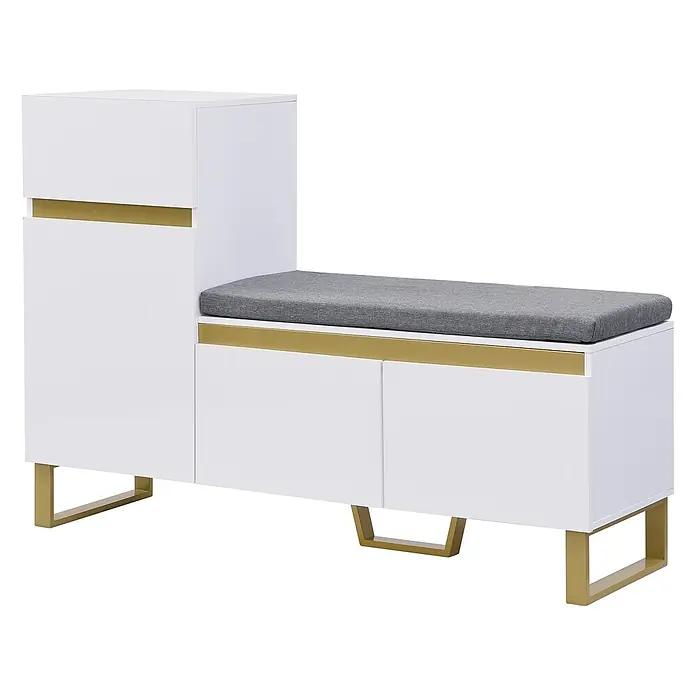 SONNENH Schuhschrank mit Sitzpolster und Schublade, Weiß/Grau -  - Weiße Garderobenbank mit goldenen Akzenten und Beinen, grauer Polsterung und integriertem Stauraum.
