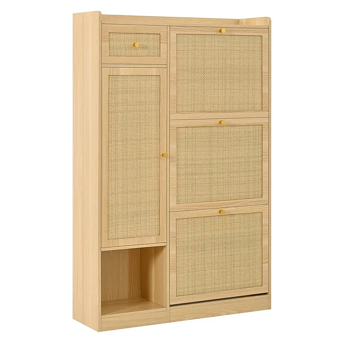 SONNENH Schuhschrank - Natur - Heller Holz- und Rattanschrank mit goldenen Knöpfen, mit einer Schublade, Türen und Kippfächern für Schuhe.