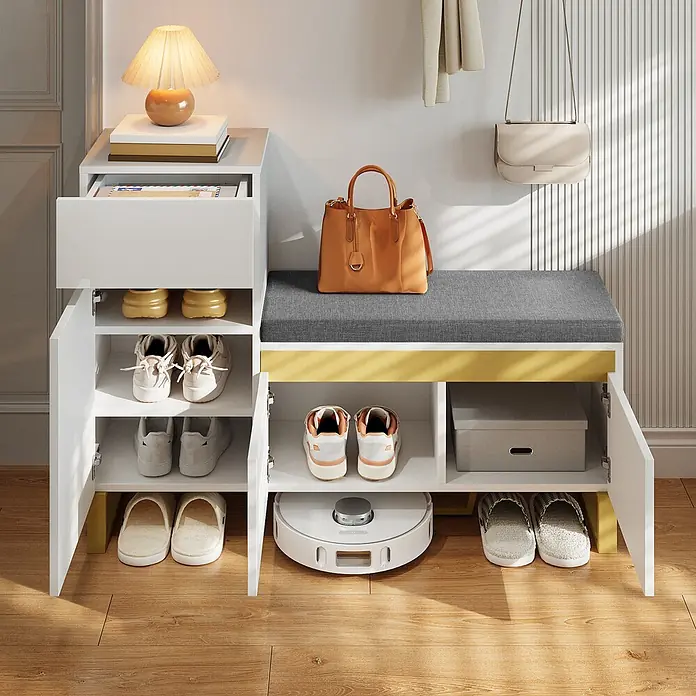SONNENH Schuhschrank mit Sitzpolster und Schublade, Weiß/Grau -  - Weiße Schuhbank mit grauem Kissen und gelbem Akzent. Bietet Stauraum für Schuhe, Taschen und Accessoires im Eingangsbereich.
