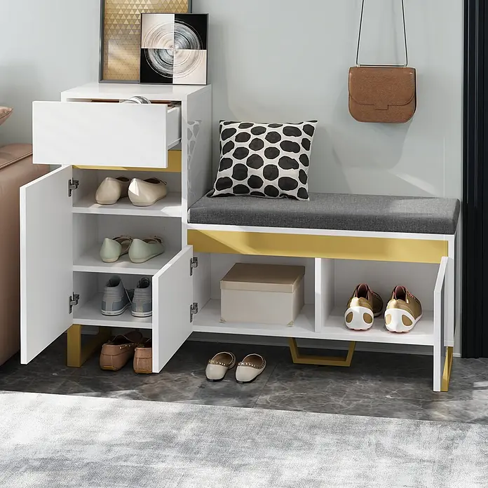 SONNENH Schuhschrank mit Sitzpolster und Schublade, Weiß/Grau -  - Weißer Schuhschrank mit grauer Sitzbank und goldenen Akzenten, bietet Stauraum und Sitzgelegenheit im Eingangsbereich.