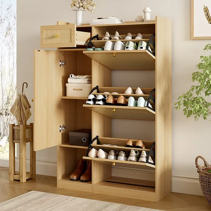 SONNENH Schuhschrank - Natur - Hellholz Schuhschrank mit Kippfächern, Rattanschublade und Seitenschrank, für stilvolle Fluraufbewahrung.