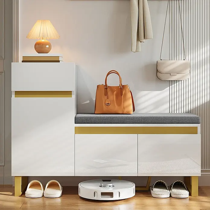 SONNENH Schuhschrank mit Sitzpolster und Schublade, Weiß/Grau -  - Weißer Garderobenschrank mit grauer Polsterbank und goldenen Akzenten, bietet Sitzgelegenheit und Stauraum für Schuhe und Taschen.