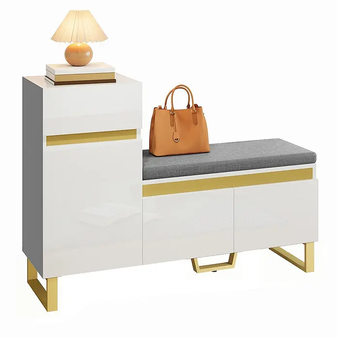 SONNENH Schuhschrank mit Sitzpolster und Schublade, Weiß/Grau -  - Weiße Schuhbank mit goldenen Akzenten und grauem Kissen, bietet Sitzgelegenheit und Schrankstauraum.