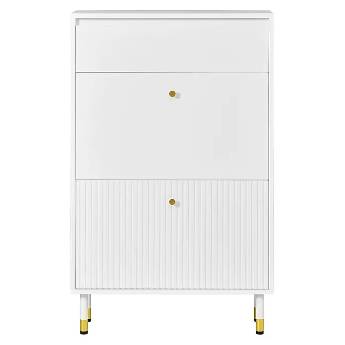 SONNENH Schuhschrank mit zwei Klappfächern und Schublade, Weiß -  - Weiße Kommode mit goldenen Knöpfen, geriffelter unterer Schublade und goldfarbenen Beinen.