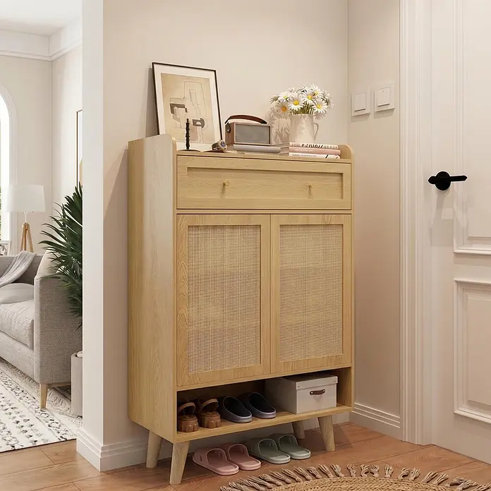 SONNENH Schuhschrank - Helle Eichenoptik - Schuhschrank aus hellem Holz und Rattan mit Schublade, der Schuhe und Deko im Flur aufbewahrt.