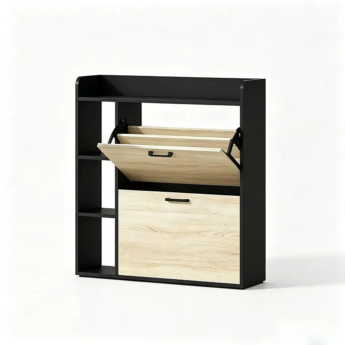 SONNENH Schuhschrank mit 2 Klappen und Seitenfächern, Schwarz/Natur -  - Zweifarbiger Schuhschrank mit schwarzem Rahmen und hellen Holzfronten. Er hat offene Regale links, zwei Kippschuhfächer (eines offen) und eine untere Schublade rechts.