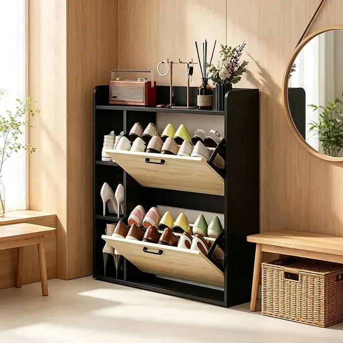 SONNENH Schuhschrank mit 2 Klappen und Seitenfächern, Schwarz/Natur -  - Schwarz-heller Schuhschrank mit zwei Kippfächern für mehrere Schuhpaare, im Eingangsbereich platziert.