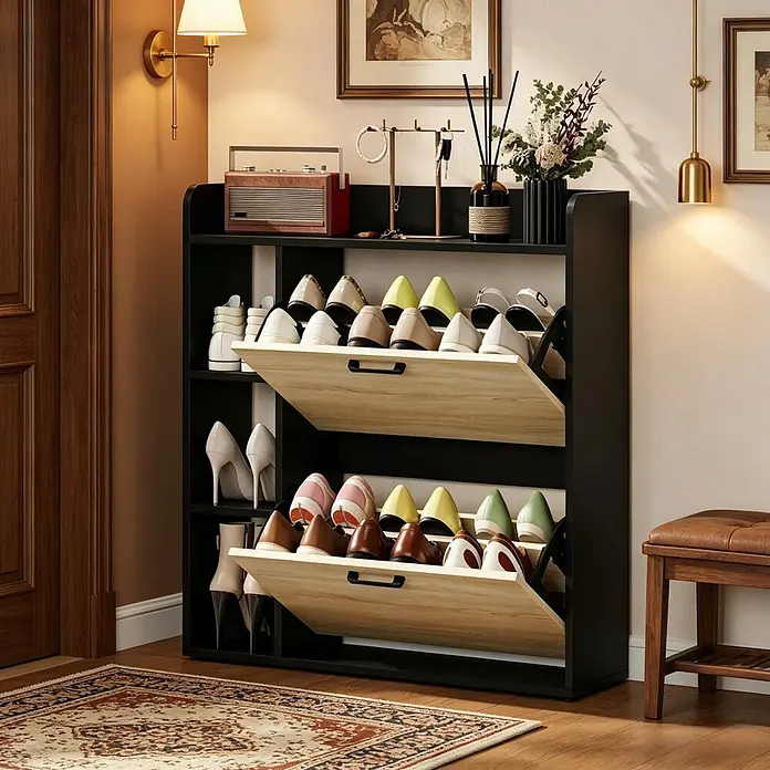 SONNENH Schuhschrank mit 2 Klappen und Seitenfächern, Schwarz/Natur -  - Schwarz-holzfarbener Schuhschrank mit zwei Klappfächern und offenen Regalen, der Schuhe im Eingangsbereich aufbewahrt.