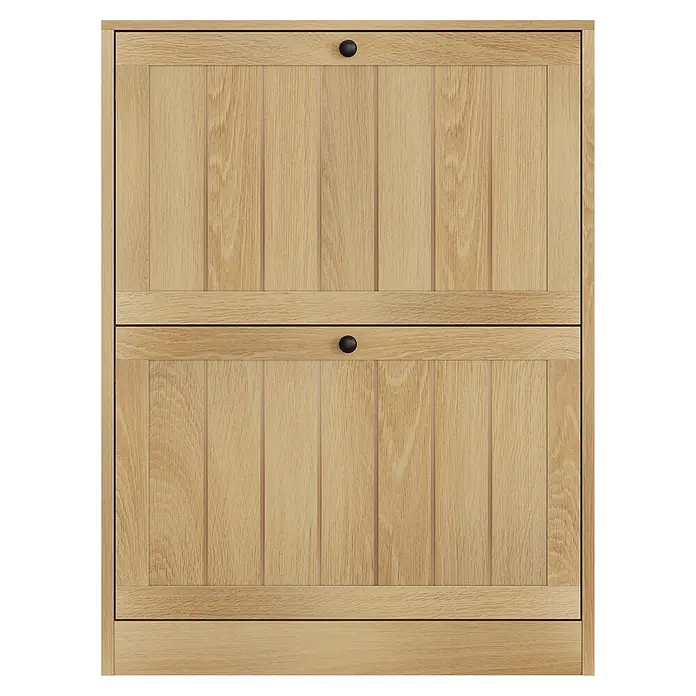 SONNENH Schuhschrank - Eichenoptik - Heller Schuhschrank aus Holz mit zwei Kippfächern und schwarzen Knöpfen.
