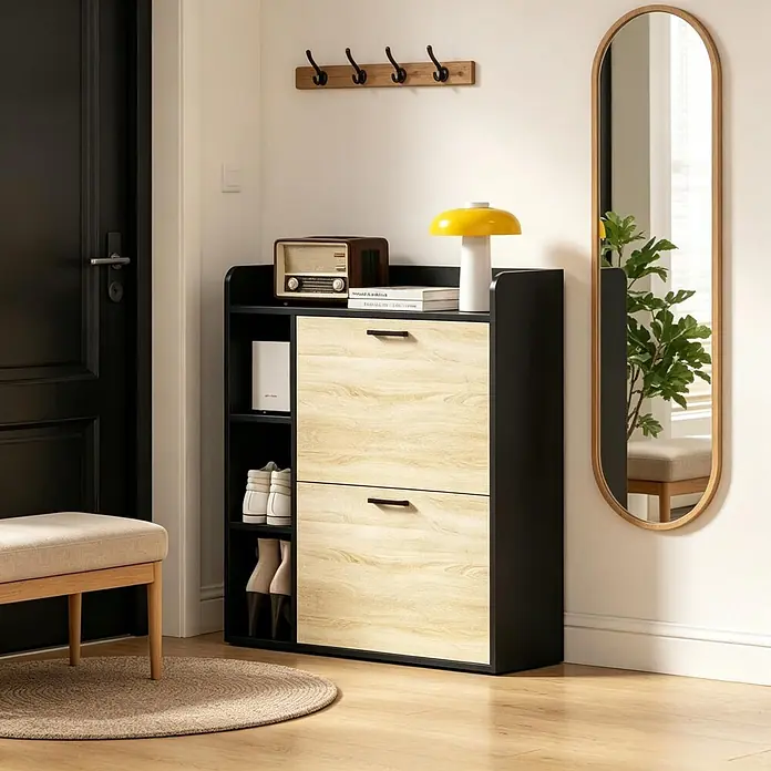 SONNENH Schuhschrank mit 2 Klappen und Seitenfächern, Schwarz/Natur -  - Schuhschrank aus schwarzem und hellem Holz mit zwei Kippfächern und offenen Regalen im Eingangsbereich.