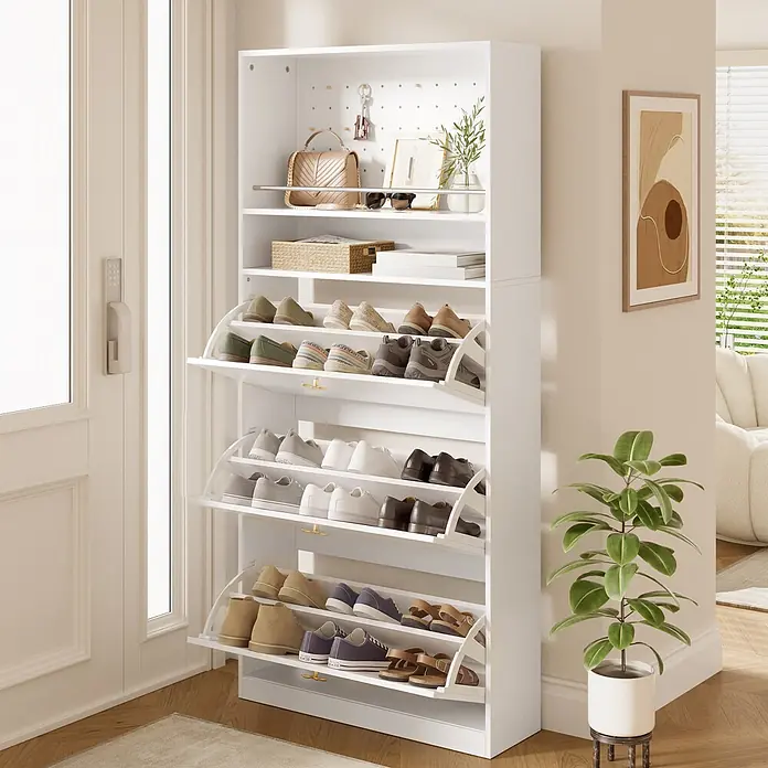 SONNENH Schuhschrank - Weiß - Weißer Schuhschrank mit Kippfächern für Schuhe und offenen Ablagen für Accessoires, ideal für den Eingangsbereich.