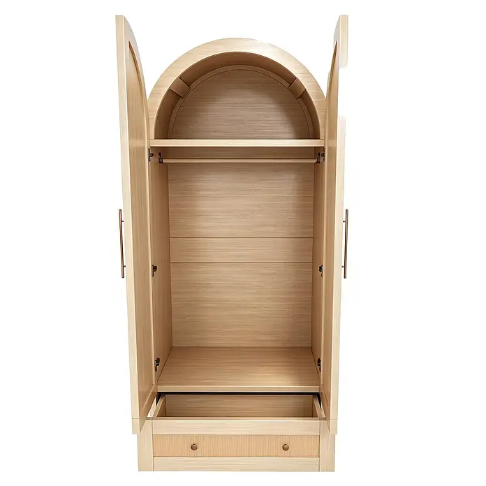 SONNENH Kleiderschrank - Natur - Geöffneter Kleiderschrank aus hellem Holz mit gewölbter Oberseite, Kleiderstange, Ablage und Rattanschublade.