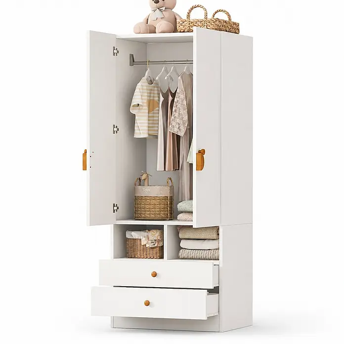 SONNENH Kleiderschrank - Weiß - Weißer Kinderkleiderschrank mit Holzgriffen, offen mit Kleiderstange, Ablagefächern, Körben und zwei Schubladen.