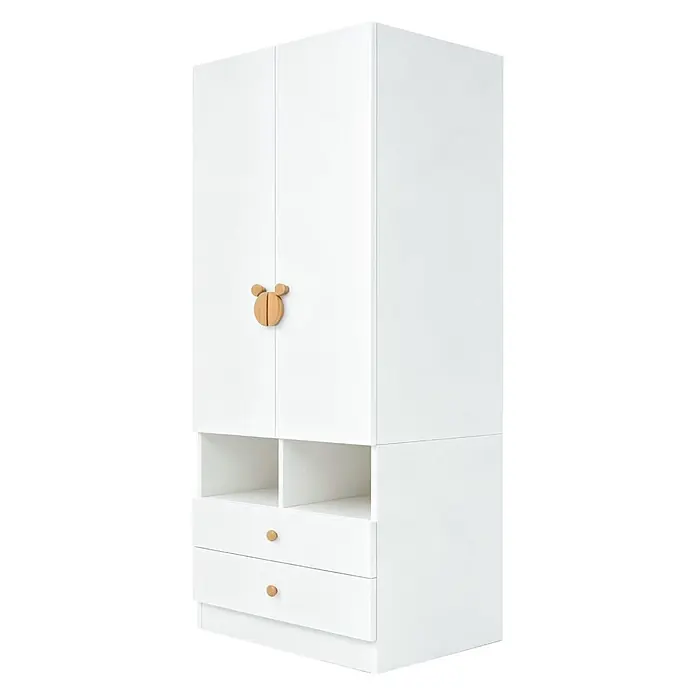 SONNENH Kleiderschrank - Weiß - Weißer Kinderkleiderschrank mit bärenförmigem Holzgriff, zwei offenen Fächern und zwei Schubladen mit Holzknöpfen.