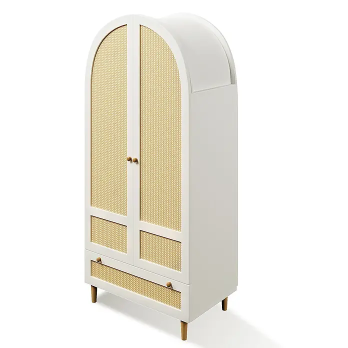 SONNENH Kleiderschrank - Weiß/Natur - Weißer Kleiderschrank mit Korbgewebe an gewölbten Türen, Holzknöpfen und spitz zulaufenden Beinen.