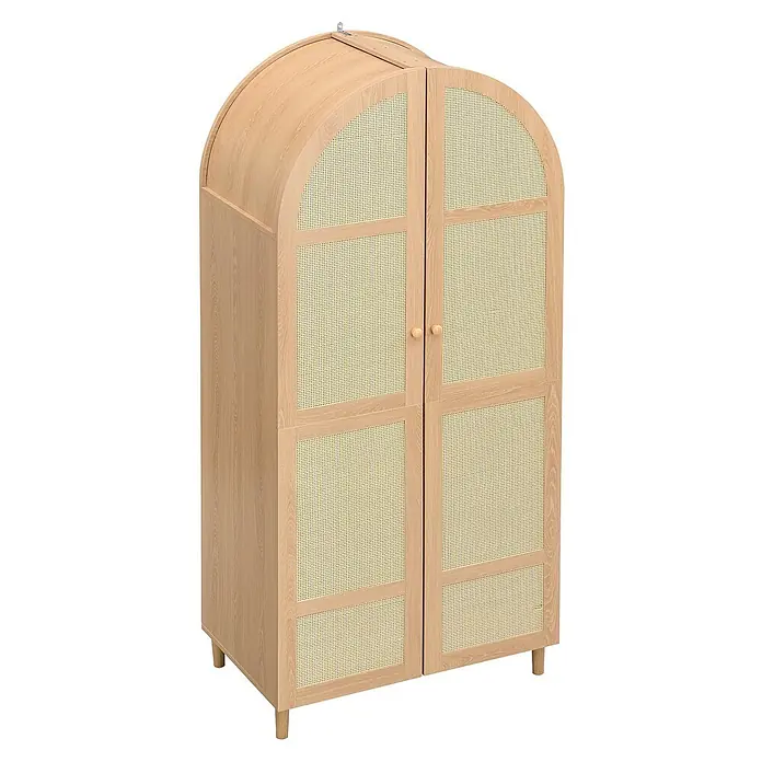 SONNENH Kleiderschrank mit Bogentüren und Rattangeflecht, Natur -  - Heller Holzschrank mit abgerundeter Oberseite, zwei Türen mit Rattan-Einsätzen, Knaufgriffen und konischen Beinen.