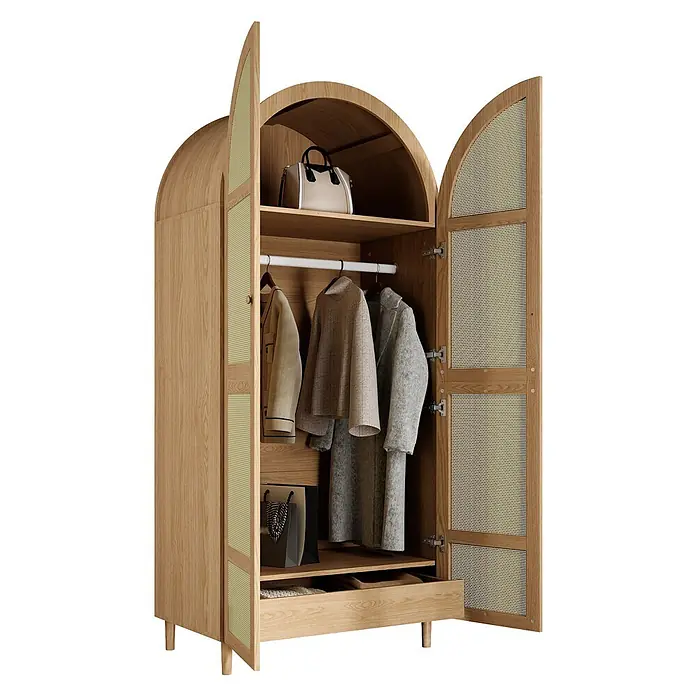 SONNENH Kleiderschrank mit Bogentüren und Rattangeflecht, Natur -  - Heller Eichenholzschrank mit gewölbtem Oberteil, Rohrgeflecht-Türen, Innenregalen, Kleiderstange und kleinen Beinen.