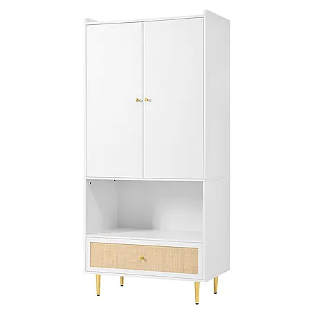 SONNENH Kleiderschrank mit Flechtschublade, Weiß/Natur