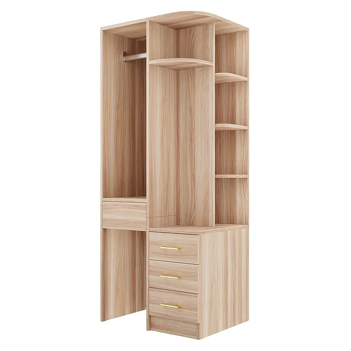 SONNENH Kleiderschrank - Natur - Heller Holzmaserung offener Kleiderschrank mit Regalen, Kleiderstange und Schubladen mit Goldgriffen.