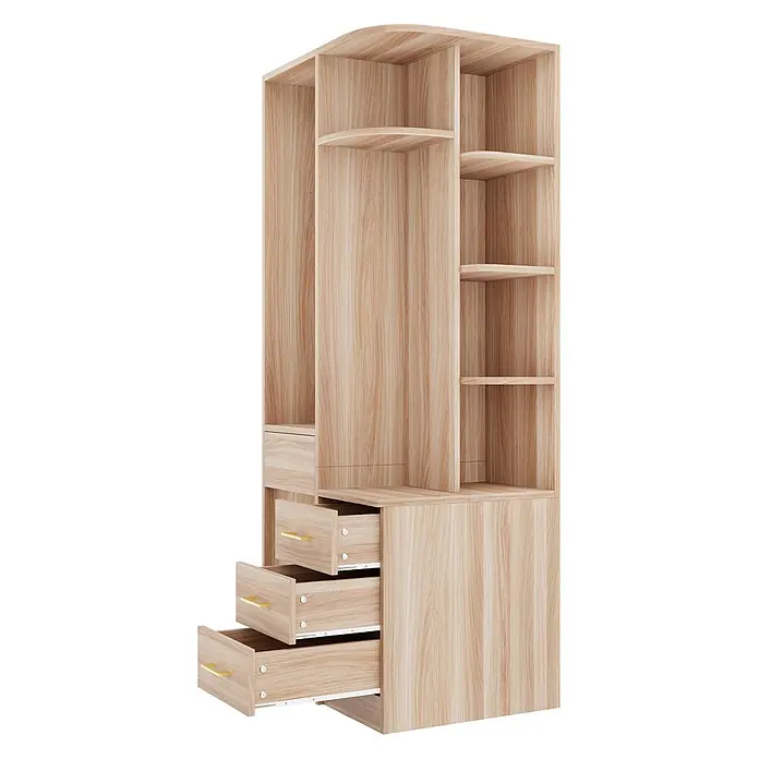 SONNENH Kleiderschrank - Natur - Heller Holzschrank mit offenen Regalen und drei ausziehbaren Schubladen mit goldfarbenen Griffen.