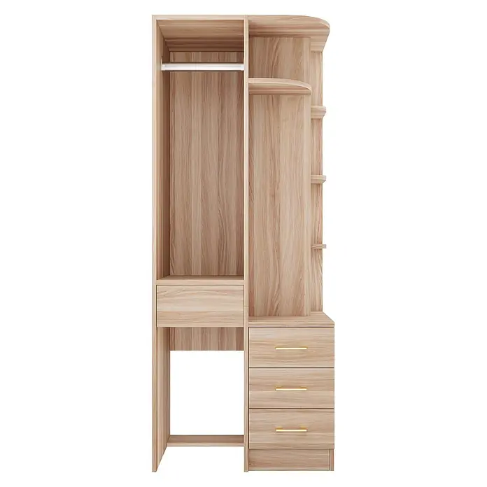 SONNENH Kleiderschrank - Natur - Heller Holz-Kleiderschrank mit Kleiderstange, offenen Fächern und vier Schubladen mit goldfarbenen Griffen.