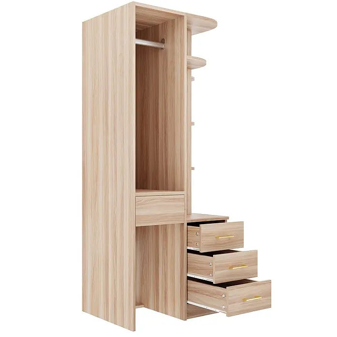 SONNENH Kleiderschrank - Natur - Heller Holzschrank mit Kleiderstange, Ablagen und vier teils geöffneten Schubladen mit goldfarbenen Griffen.