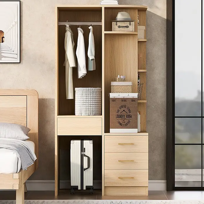 SONNENH Kleiderschrank - Natur - Heller Holz-Kleiderschrank mit Kleiderstange, Regalen und Schubladen zur Organisation von Kleidung und Gepäck.