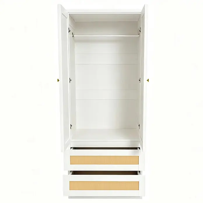 SONNENH Kleiderschrank - Weiß/Natur - Weißer Kleiderschrank mit zwei offenen Türen, Kleiderstange und zwei offenen Schubladen mit Rattanfronten.