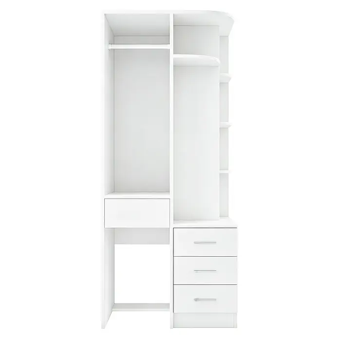 SONNENH Offener Kleiderschrank mit drei Schubladen und Ablagen, Weiß -  - Weißer Kleiderschrank mit Kleiderstange, mehreren Fächern, einer großen und drei unteren Schubladen.
