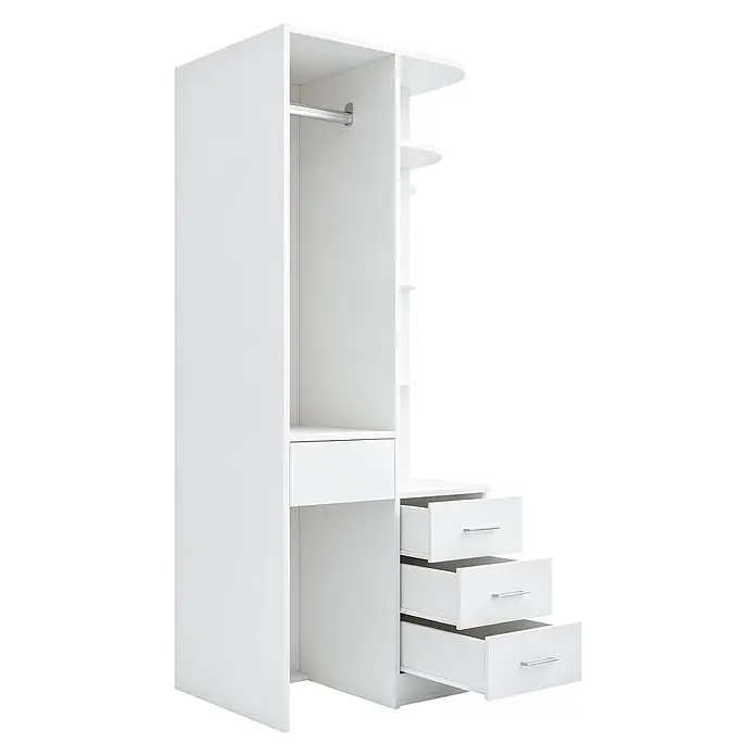 SONNENH Offener Kleiderschrank mit drei Schubladen und Ablagen, Weiß -  - Weißer Kleiderschrank mit Kleiderstange, abgerundeten Regalen und offenen Schubladen.