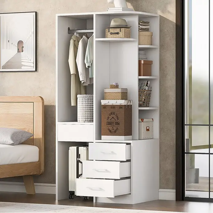 SONNENH Offener Kleiderschrank mit drei Schubladen und Ablagen, Weiß -  - Weißer Eckschrank mit Regalen, Kleiderstange und Schubladen, bietet vielseitigen Stauraum im Schlafzimmer.