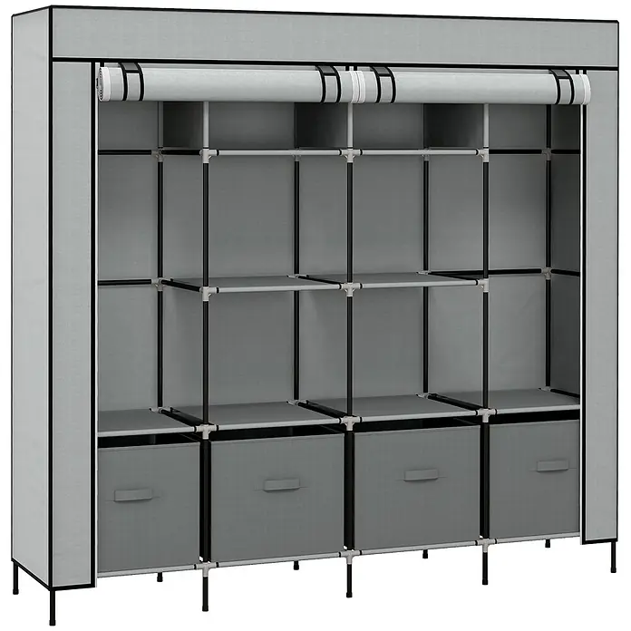 SONNENH Kleiderschrank - Dunkelgrau - Grauer Stoffschrank mit Rolltür, mehreren Regalen und vier unteren Aufbewahrungsboxen.