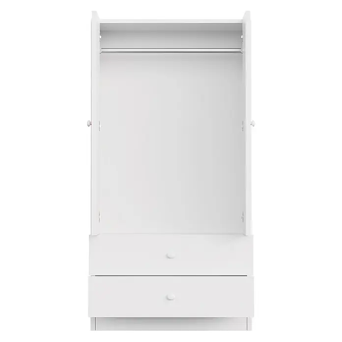 SONNENH Kleiderschrank - Weiß - Weißer Kleiderschrank mit offenem Oberteil, einer Metallkleiderstange und zwei unteren Schubladen mit weißen Knöpfen.