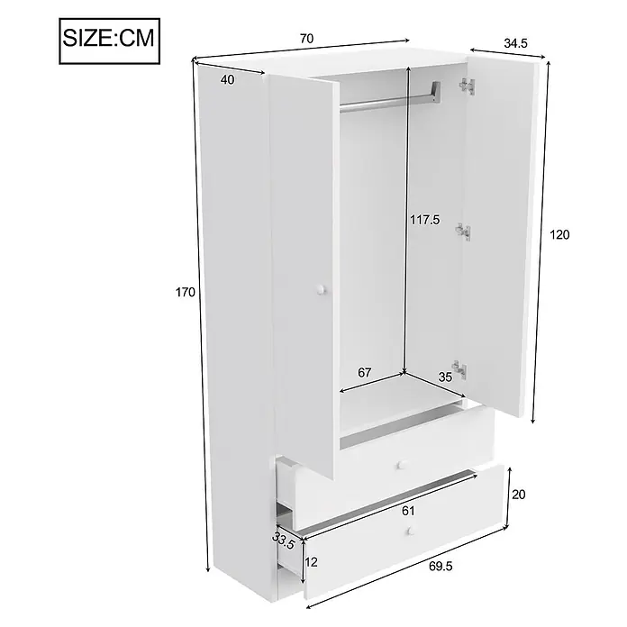 SONNENH Kleiderschrank - Weiß - Weißer Kleiderschrank mit zwei Türen, Kleiderstange, Ablage und zwei Schubladen. Maße: 170x70x40 cm (HxBxT).