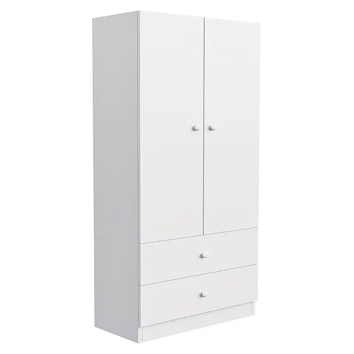 SONNENH Kleiderschrank - Weiß - Weißer Kleiderschrank mit zwei oberen Türen und zwei unteren Schubladen, alle mit runden weißen Knöpfen.