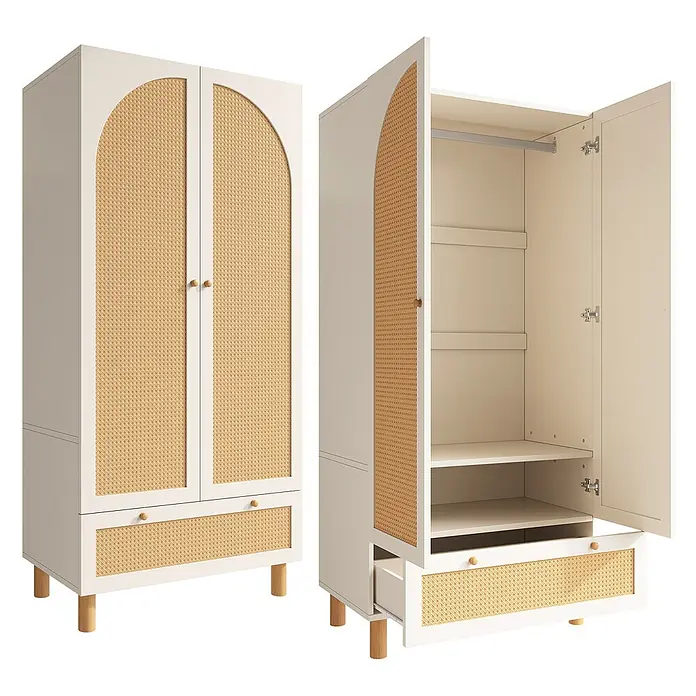 SONNENH Kleiderschrank - Weiß/Natur - Cremefarbener Kleiderschrank mit Rattan-Einsätzen, gewölbten Doppeltüren, einer Schublade und Holzbeinen. Innen mit Fächern und Kleiderstange.