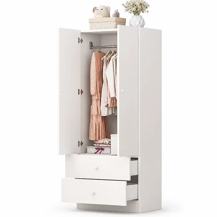 SONNENH Kleiderschrank - Weiß - Weißer Kleiderschrank mit zwei geöffneten Türen, Kleiderstange und zwei teilweise geöffneten Schubladen.