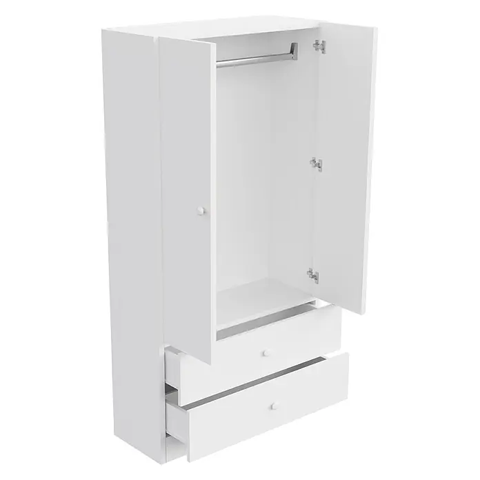 SONNENH Kleiderschrank - Weiß - Weißer Kleiderschrank mit zwei offenen Türen, einer Kleiderstange, einem Regal und zwei teilweise geöffneten Schubladen mit weißen Knöpfen.
