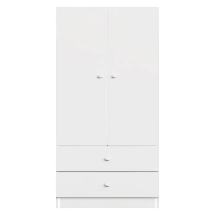SONNENH Kleiderschrank - Weiß - Weißer Kleiderschrank mit zwei oberen Türen und zwei unteren Schubladen, jeweils mit rundem, weißem Knopf.