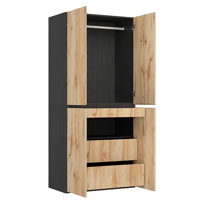 SONNENH Kleiderschrank mit Schmuckschublade, Eichenoptik/Schwarz -  - Zweifarbiger Kleiderschrank mit dunkelgrauem Korpus und hellen Holzfronten, obere Türen offen mit Kleiderstange, untere Schubladen leicht geöffnet.